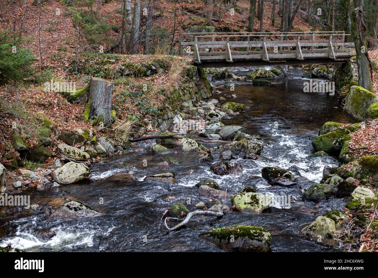 Nature view of a wooden bridge in the forest over a creek with big mossy rocks Stock Photo