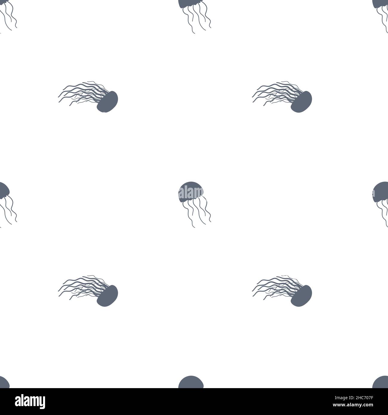 Simple vector jellyfish silhouette monochrome seamless pattern. Blue ...