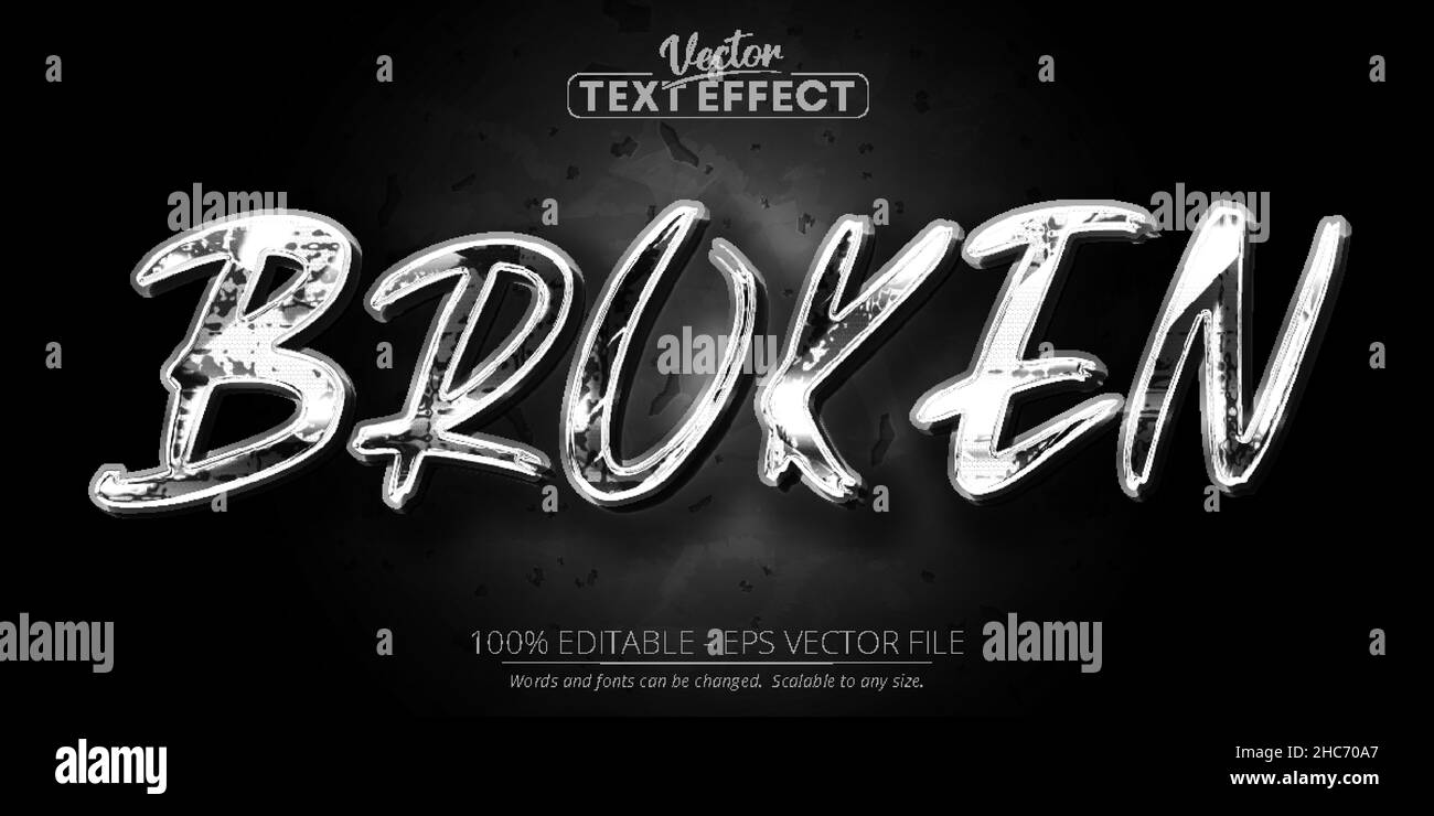 Silver text effect, editable shiny silver color text style on dark grunge textured background Stock Vector