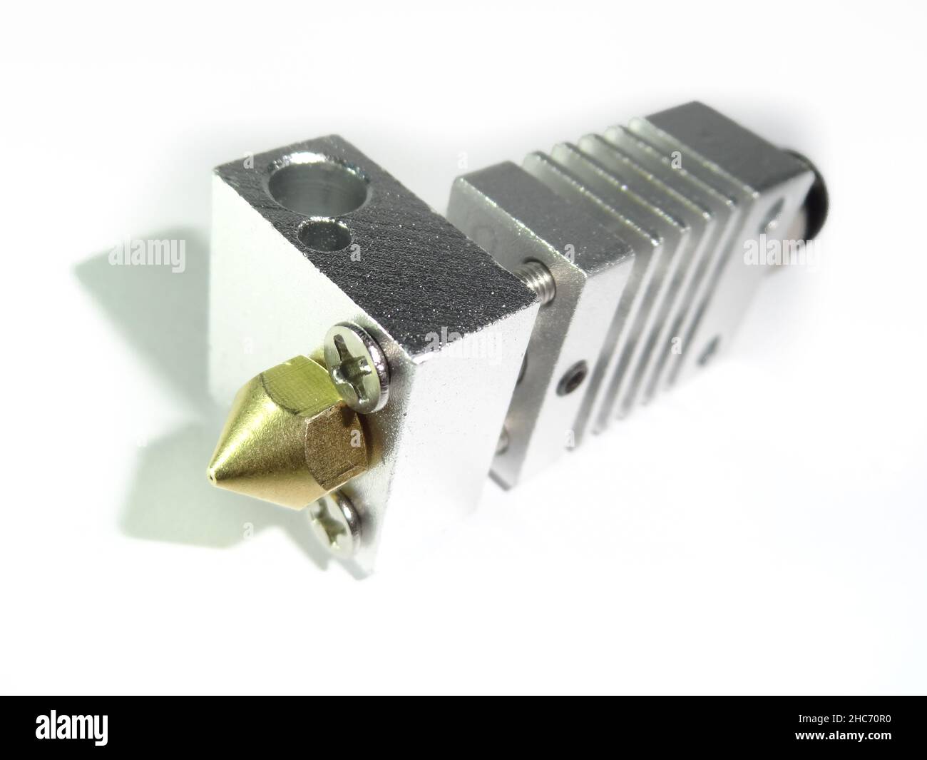 Closeup shot of Bowden extruder on the white background Stock Photo