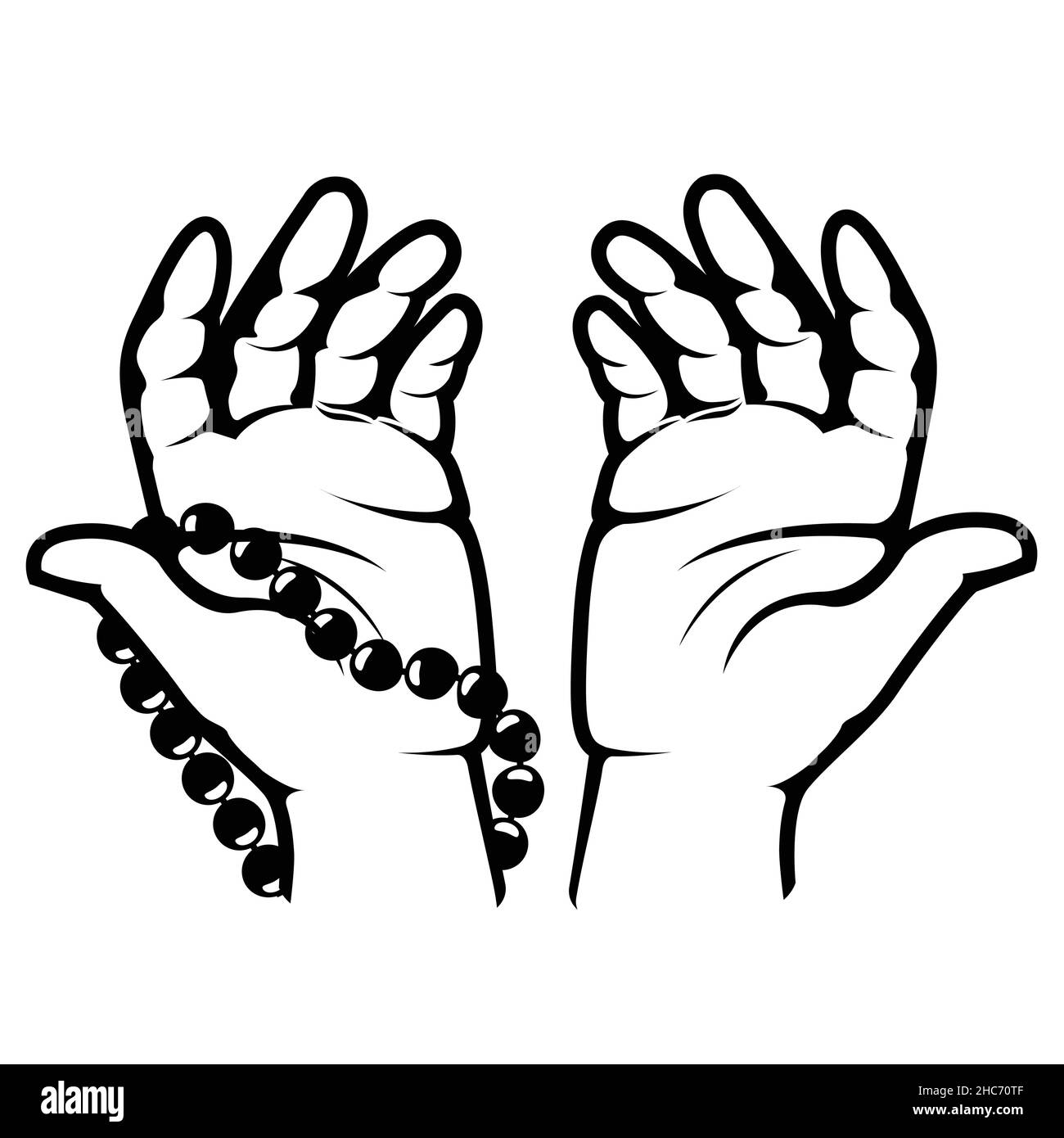 Clasped hands in prayer, hand palms with beads, namaz or Ramadan Muslim pray, vector Stock Vector