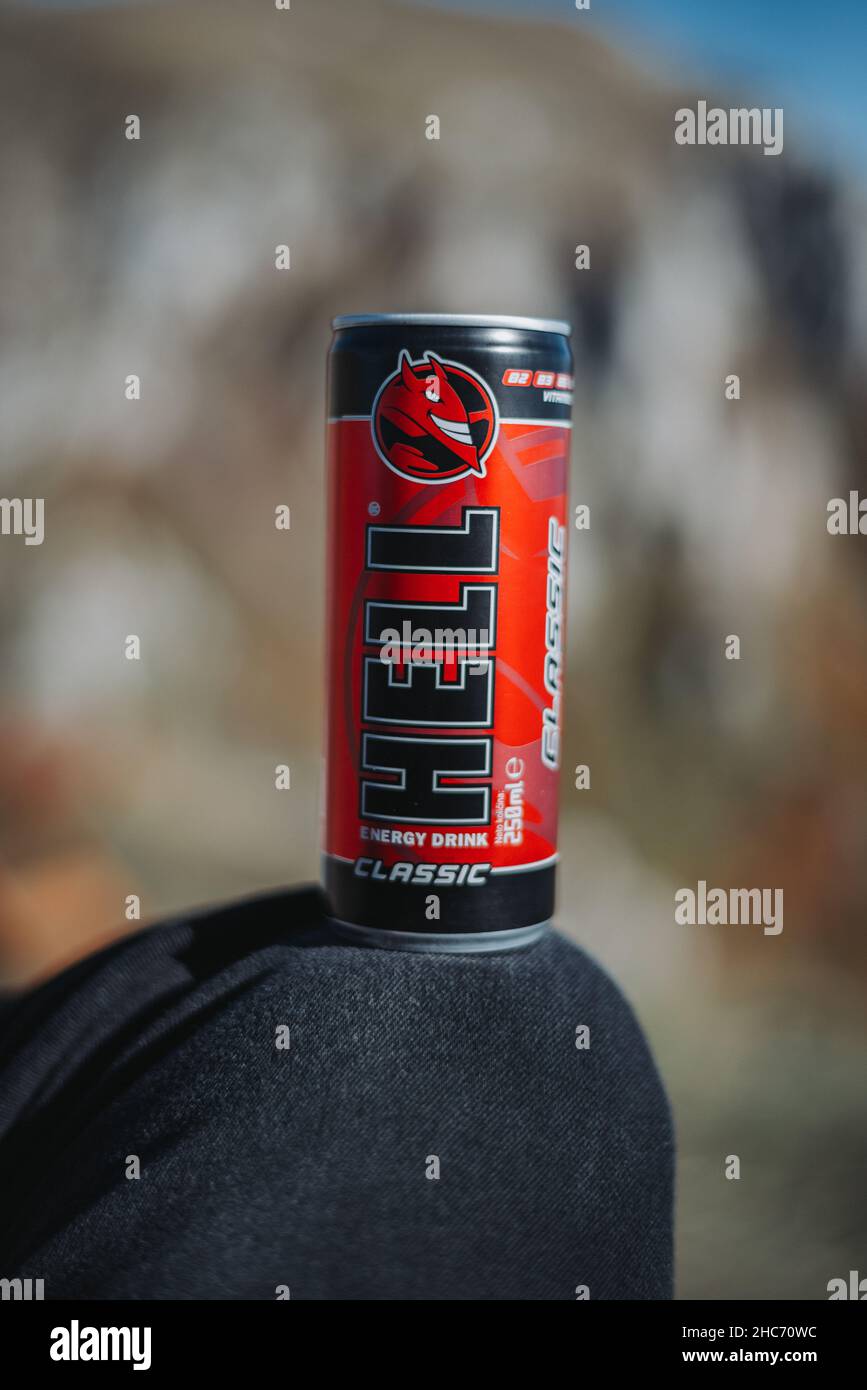 Vertical shot of a Hell energizer coffee Stock Photo