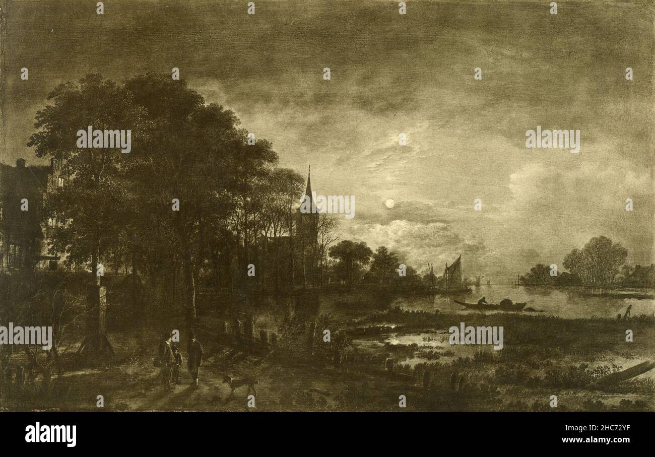 Moonlit River Landscape, painting by Dutch artist Aert van Der Neer, Munich 1897 Stock Photo