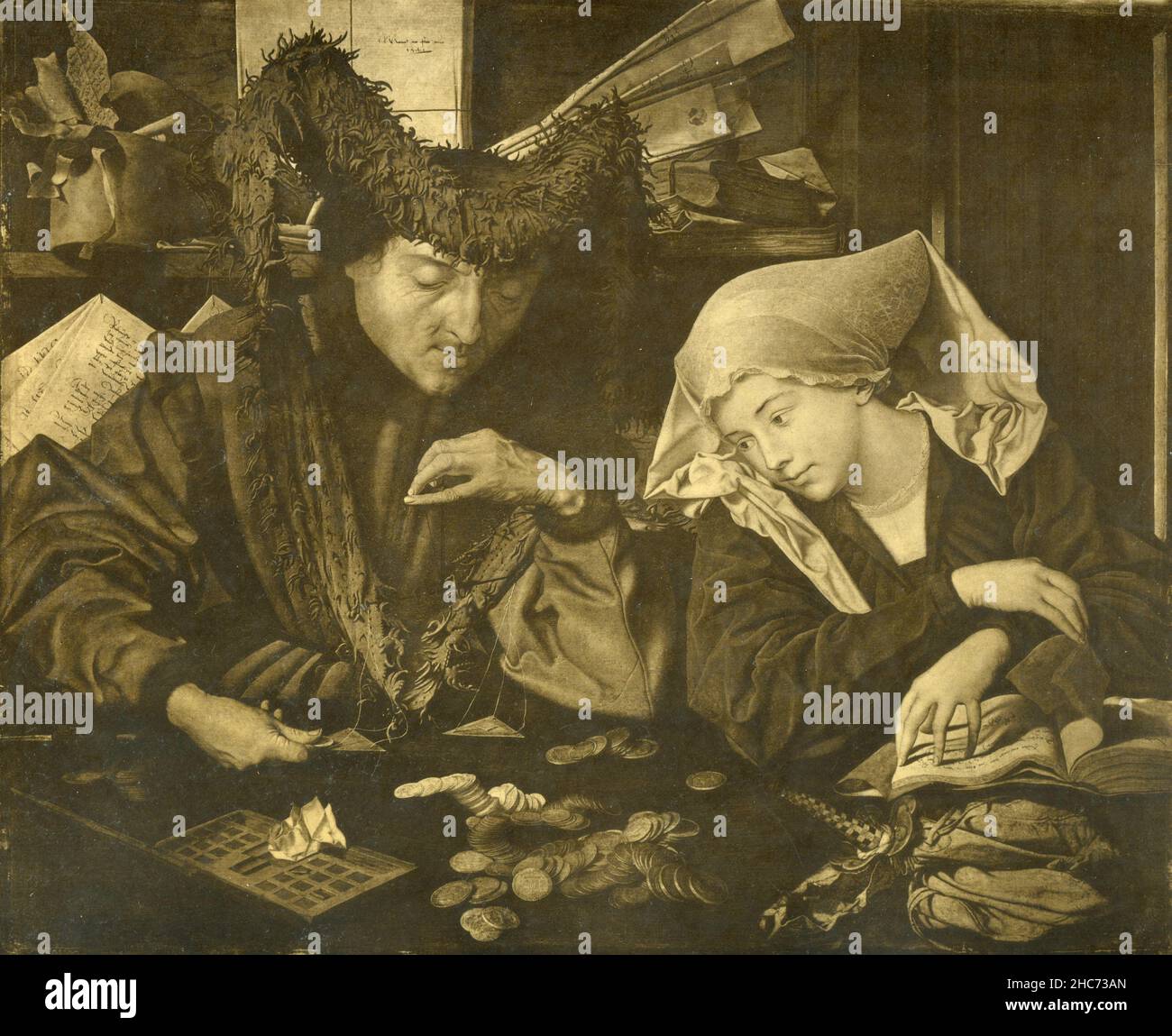 The Banker and his Wife, painting by Dutch artist Marinus van Reymerswaele, Munich 1897 Stock Photo