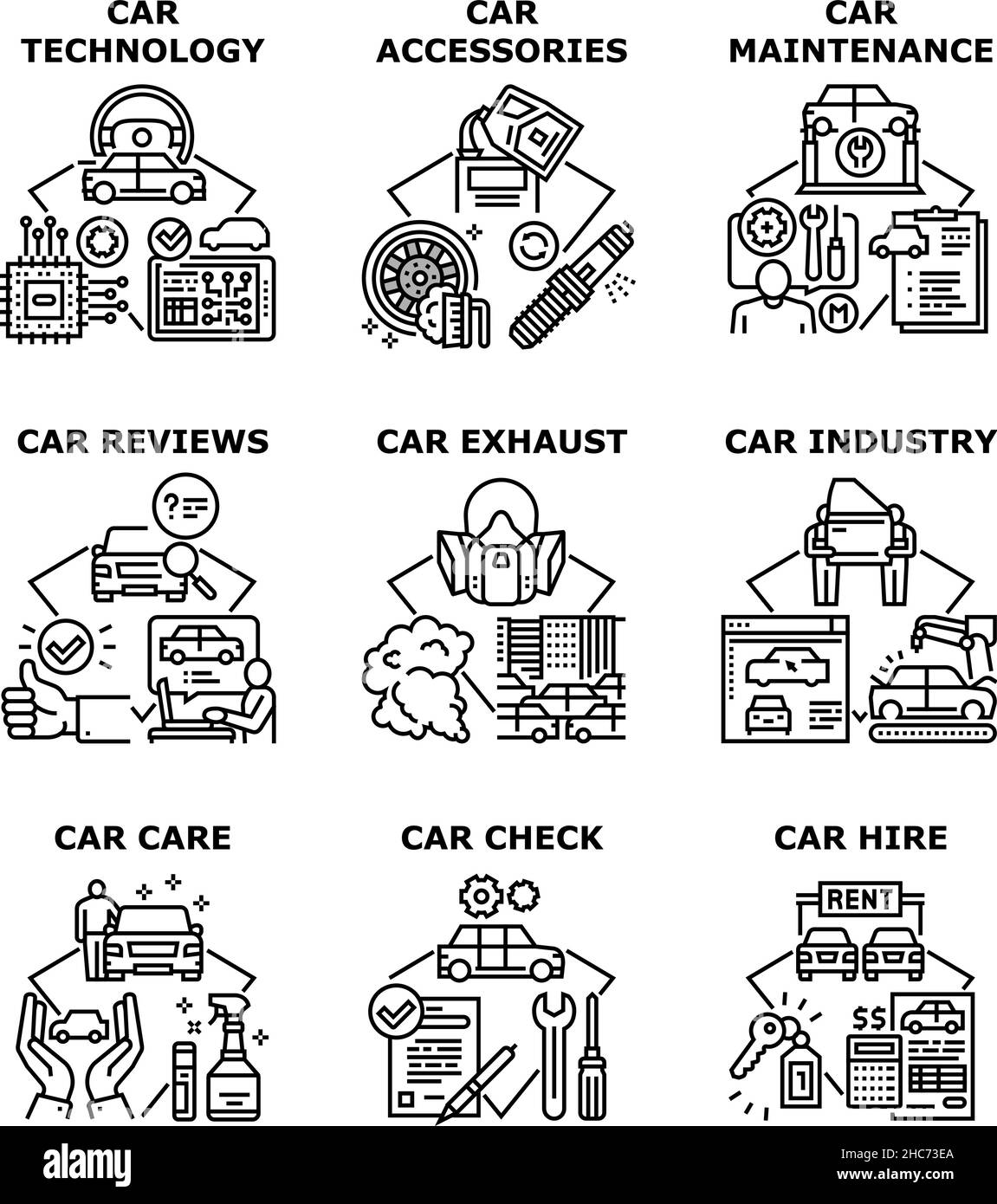 Car Technology Set Icons Vector Illustrations Stock Vector