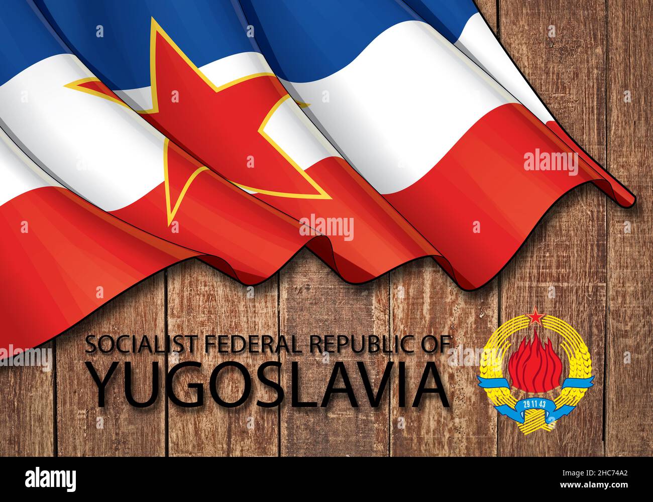 Flag and emblem of the Socialist Federal Republic of Yugoslavia on a wooden background Stock Photo