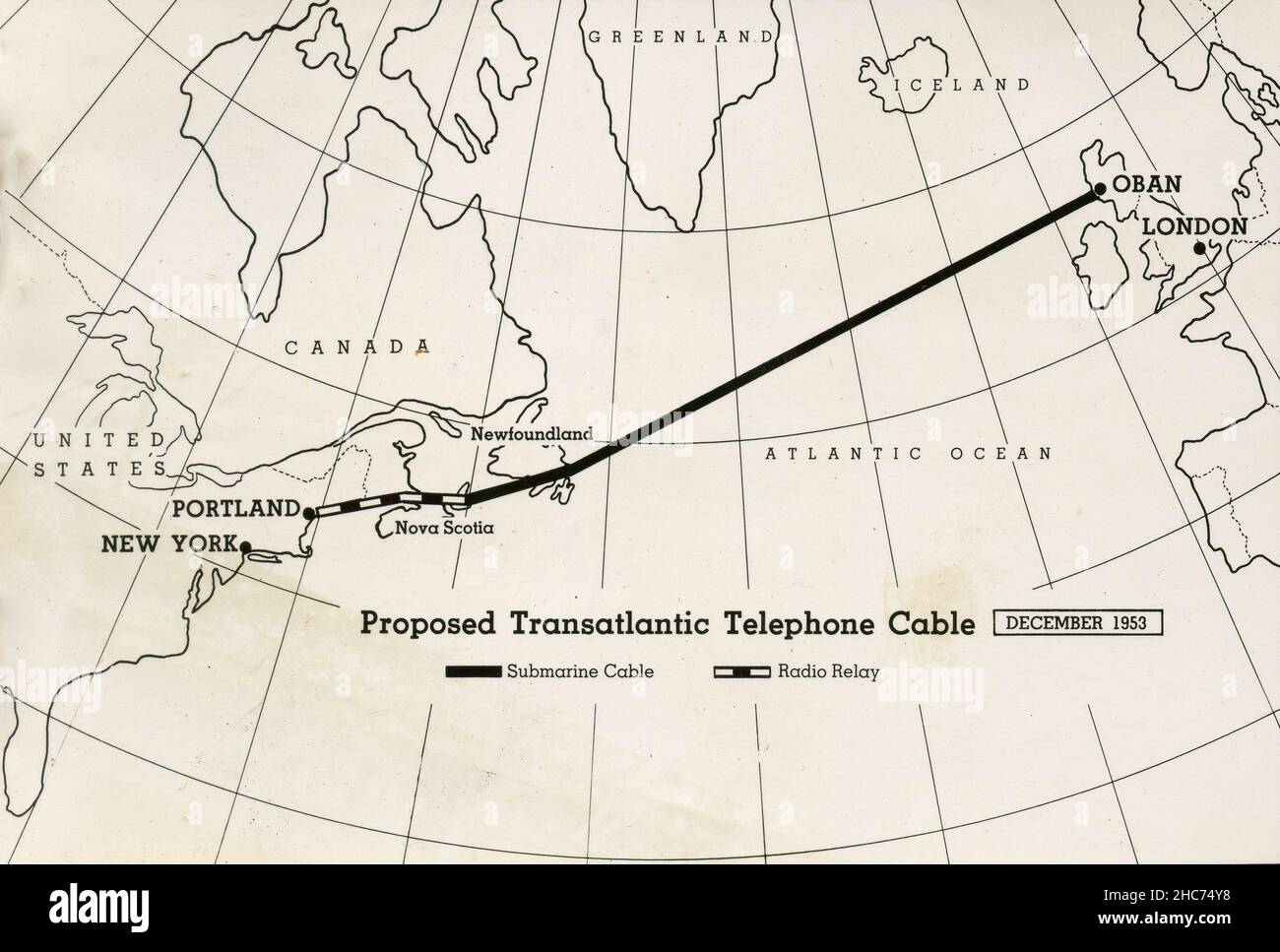 Map of the Proposed Transatlantic Telephone Cable, USA 1953 Stock Photo