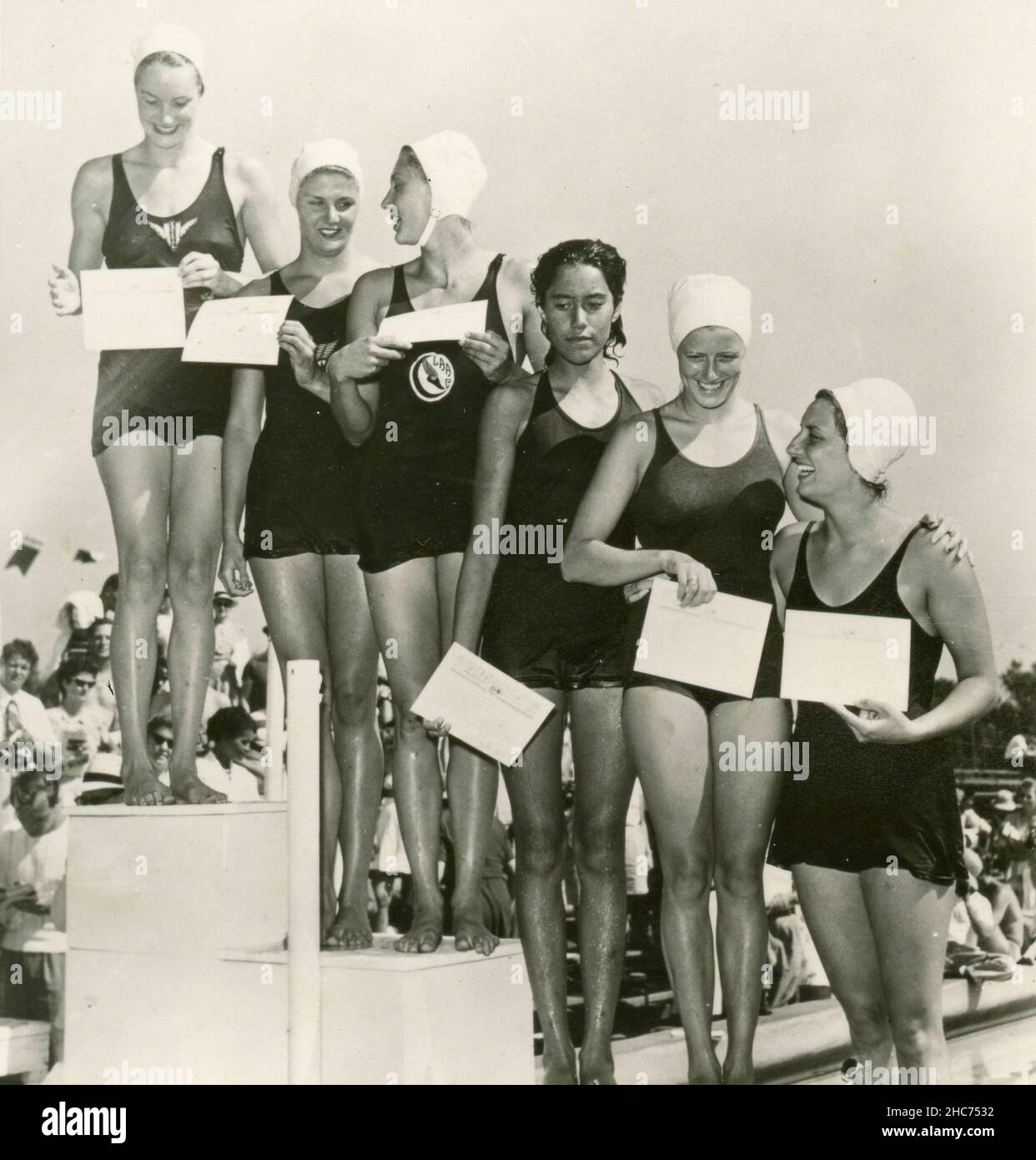 American Olympic women swimming team, from left: Ann Elizabeth Curtis, Marie Louise Corriden, Brenda Helser, Thelma Kalama, Jacqueline Lavine, and Mary Patricia Healy, USA 1948 Stock Photo