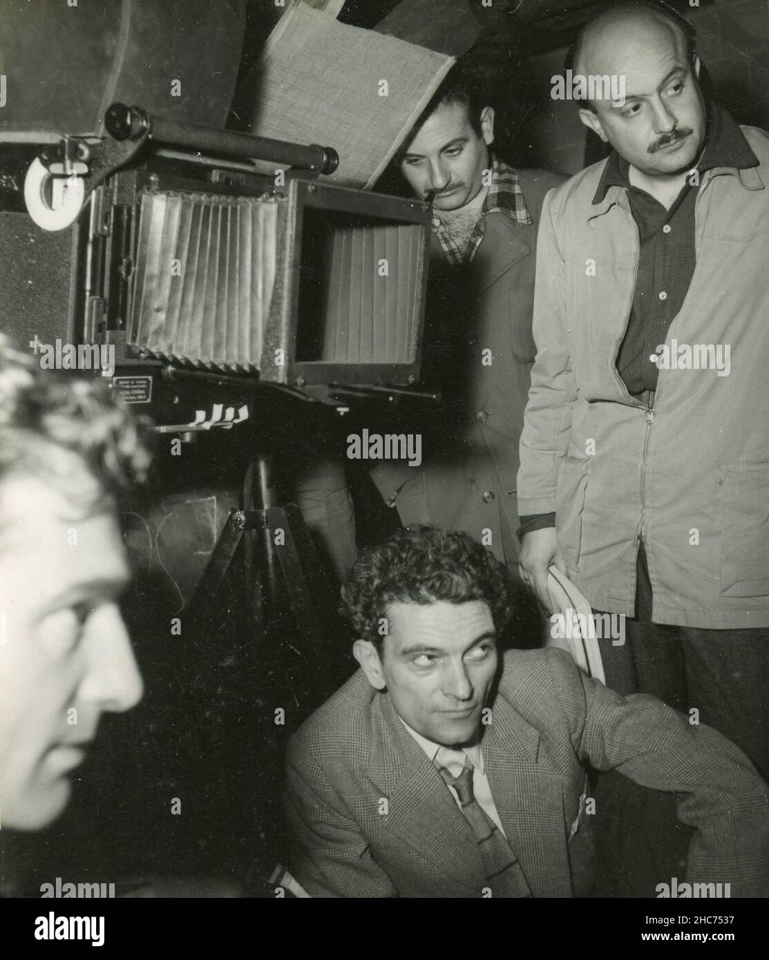 Spanish-French film director Georges Rouquier and actor Ricardo Munoz Suay filming Sangre Y Luces, 1954 Stock Photo