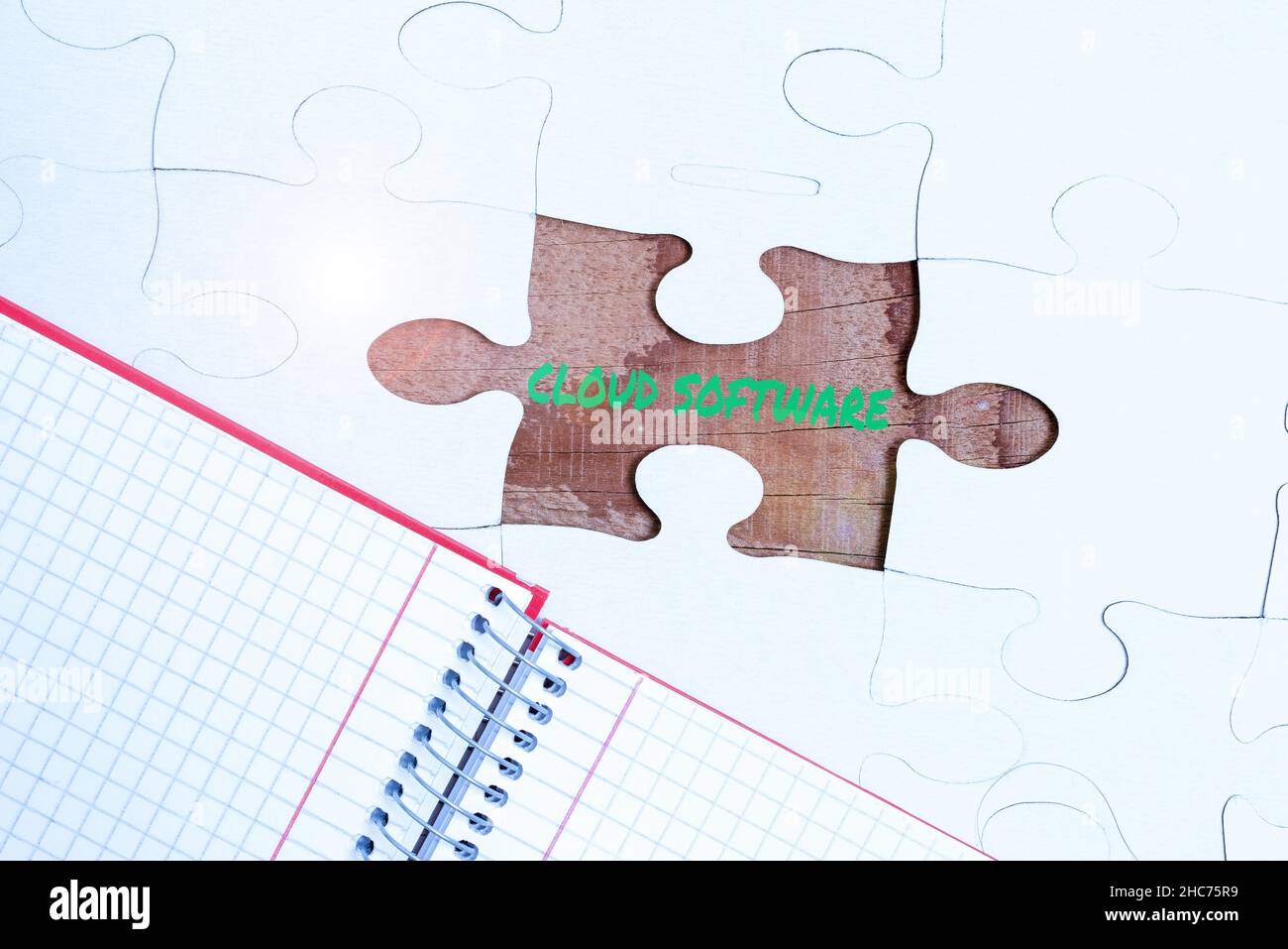Conceptual caption Cloud Software. Word for Programs used in Storing Accessing data over the internet Building An Unfinished White Jigsaw Pattern Stock Photo