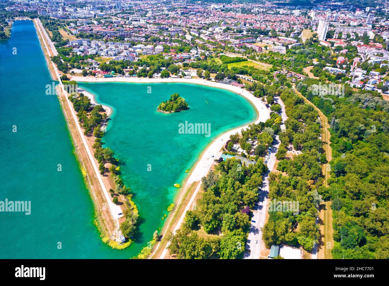 Jarun lake. Aerial view of beaches of Jarun lake in city of Zagreb, summer oasis in capital of Croatia Stock Photo
