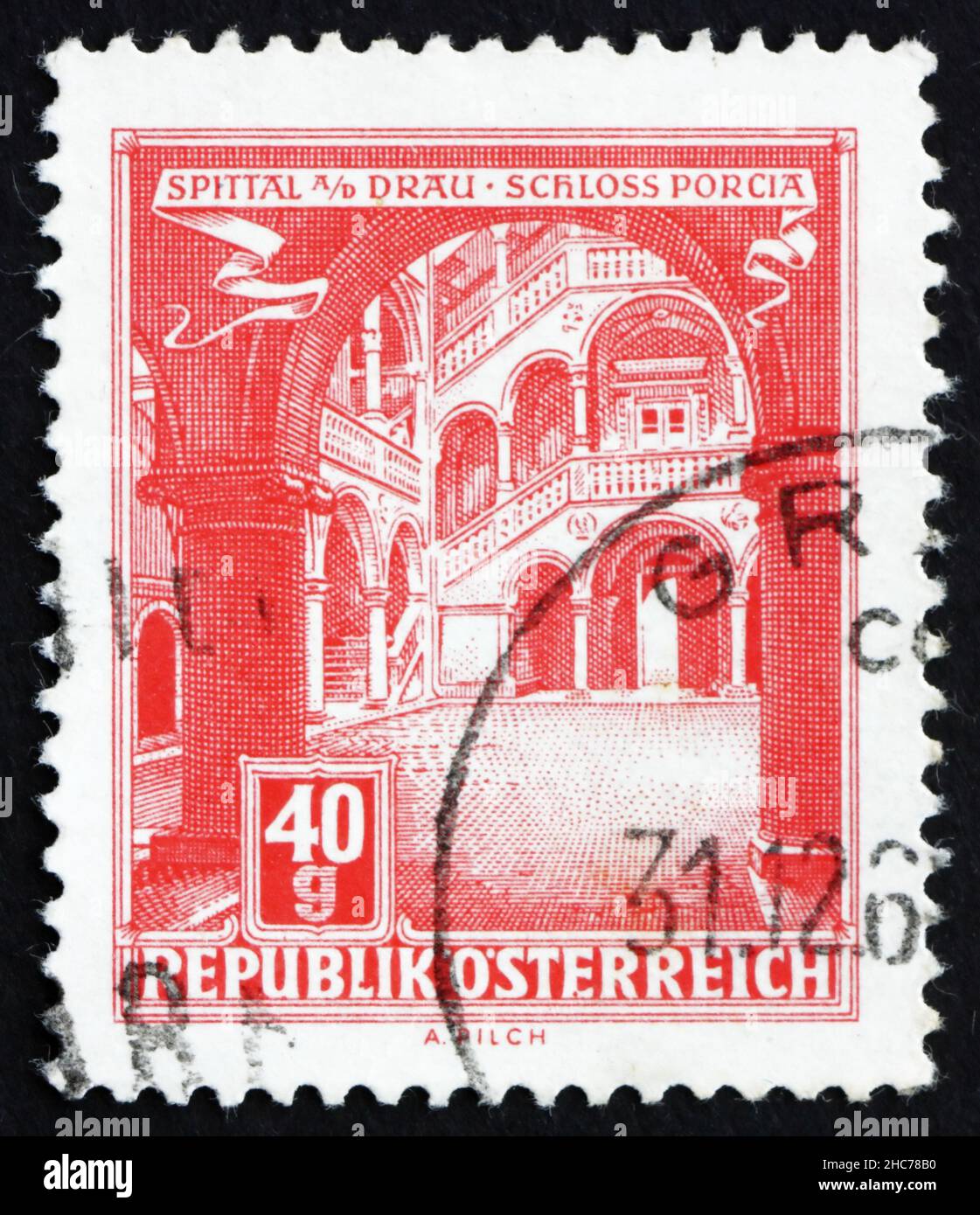 AUSTRIA - CIRCA 1962: a stamp printed in the Austria shows Porcia Castle, Spittal on the Drau, circa 1962 Stock Photo