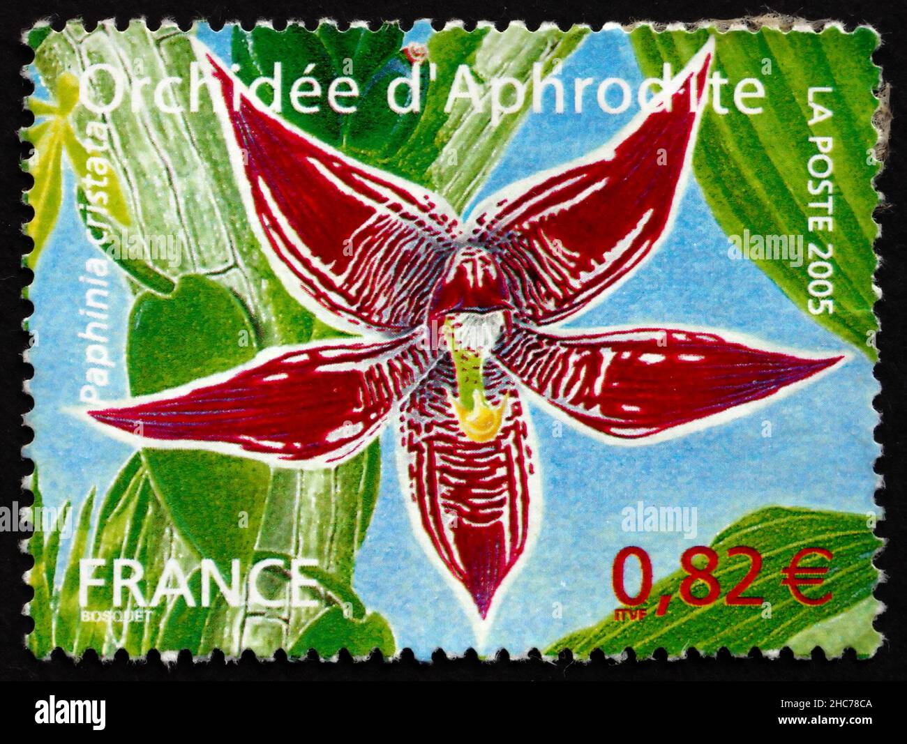 FRANCE - CIRCA 2005: a stamp printed in the France shows Paphinia Cristata, Orchid Endemic to Northern South America, circa 2005 Stock Photo