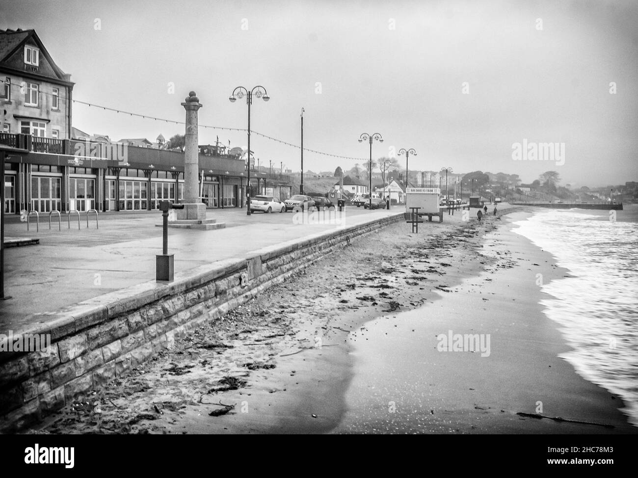 A black and white adjusted postcard type view of Swanage on a winter day with a vignette border Stock Photo