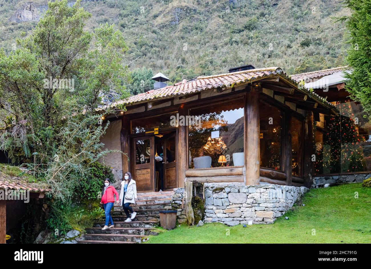 Tourists enjoy the resort of Hosteria Dos Chorreras. Cuenca, Ecuador, South America. Stock Photo