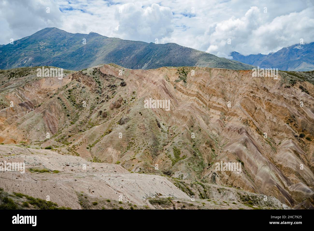 Layered sedimentary rock formations in the arid high andes Mountains. Sumaypamba, Ecuador, South America. Stock Photo