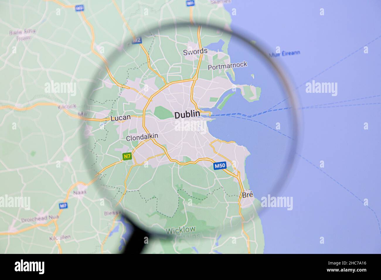 Ostersund, Sweden - Dec 2, 2021: Dublin on Google Maps under a magnifying glass. Dublin is the capital city of Ireland. Stock Photo