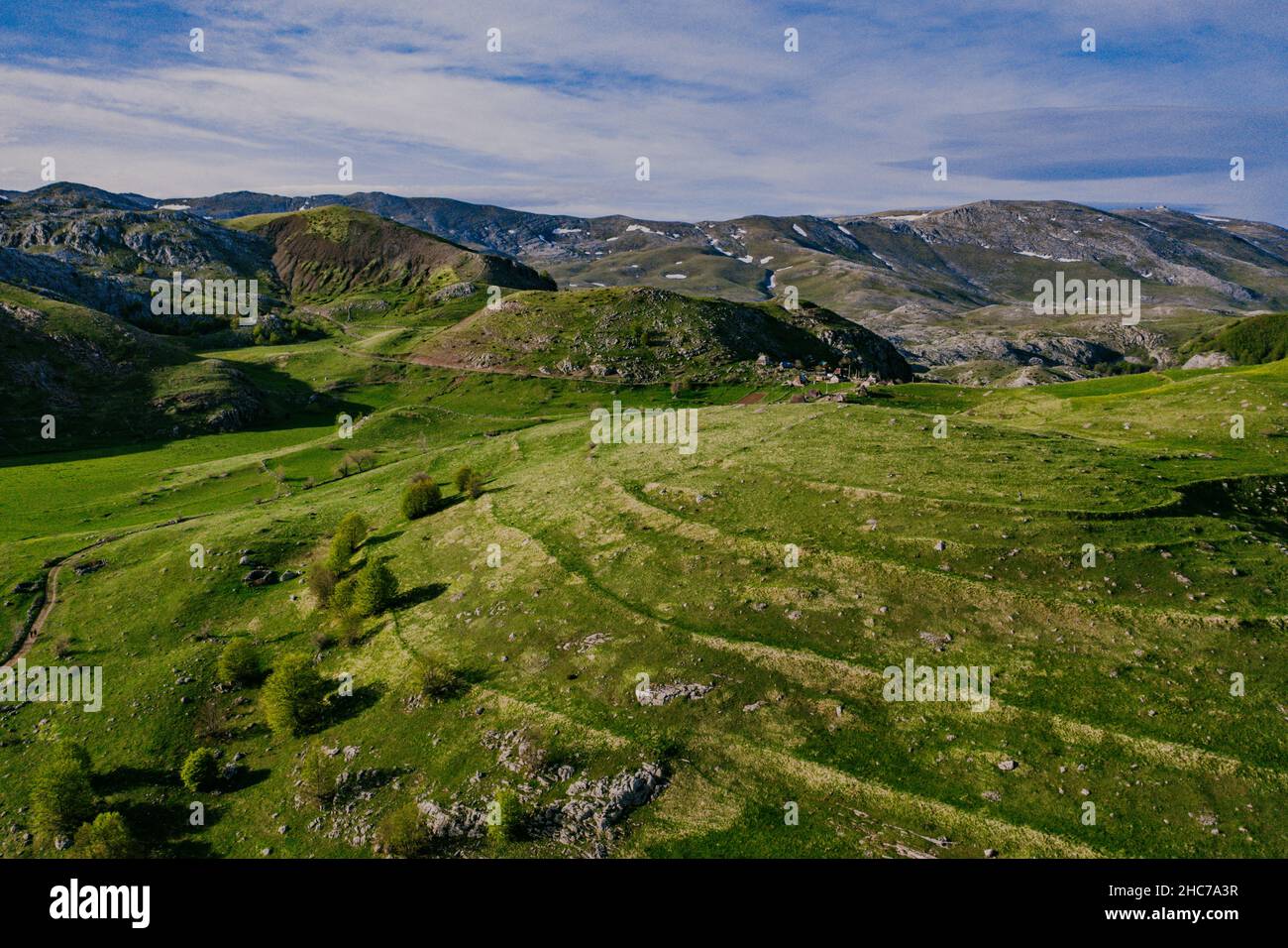 Drone view green countryside meadows spring hi-res stock photography ...