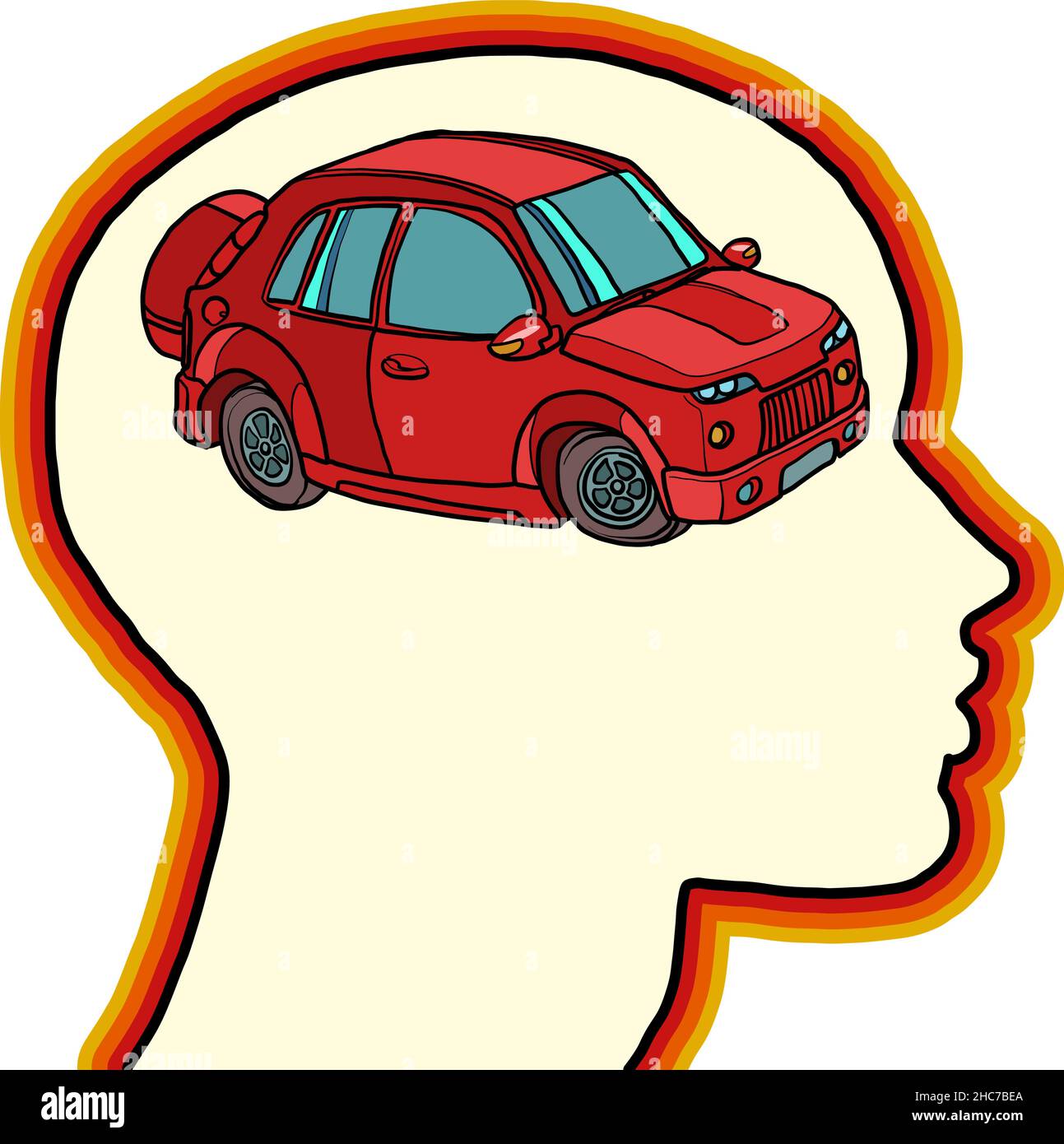 car passenger car transport. Thoughts in the silhouette of the head, dreams. Stock Vector