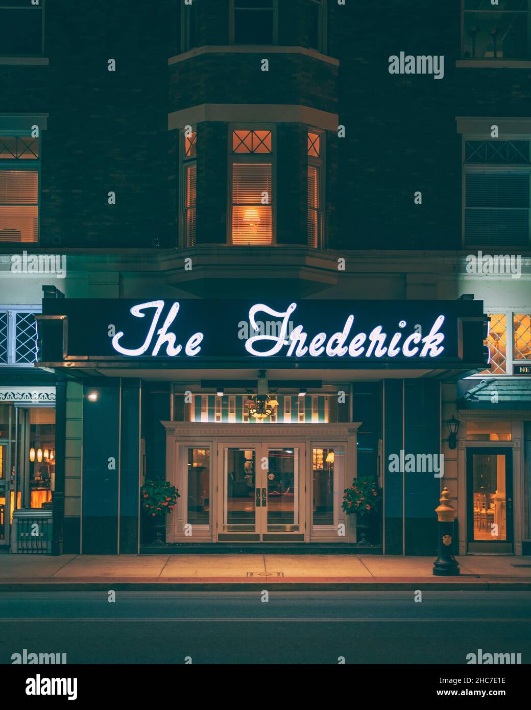 The Frederick neon sign at night, in downtown Huntington, West Virginia Stock Photo