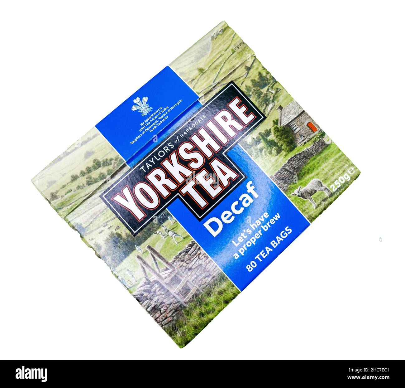 Norwich, Norfolk, UK – December 2021. Top down view or flat lay of Yorkshire Tea decaffeinated tea bags cut isolated on a plain white background Stock Photo