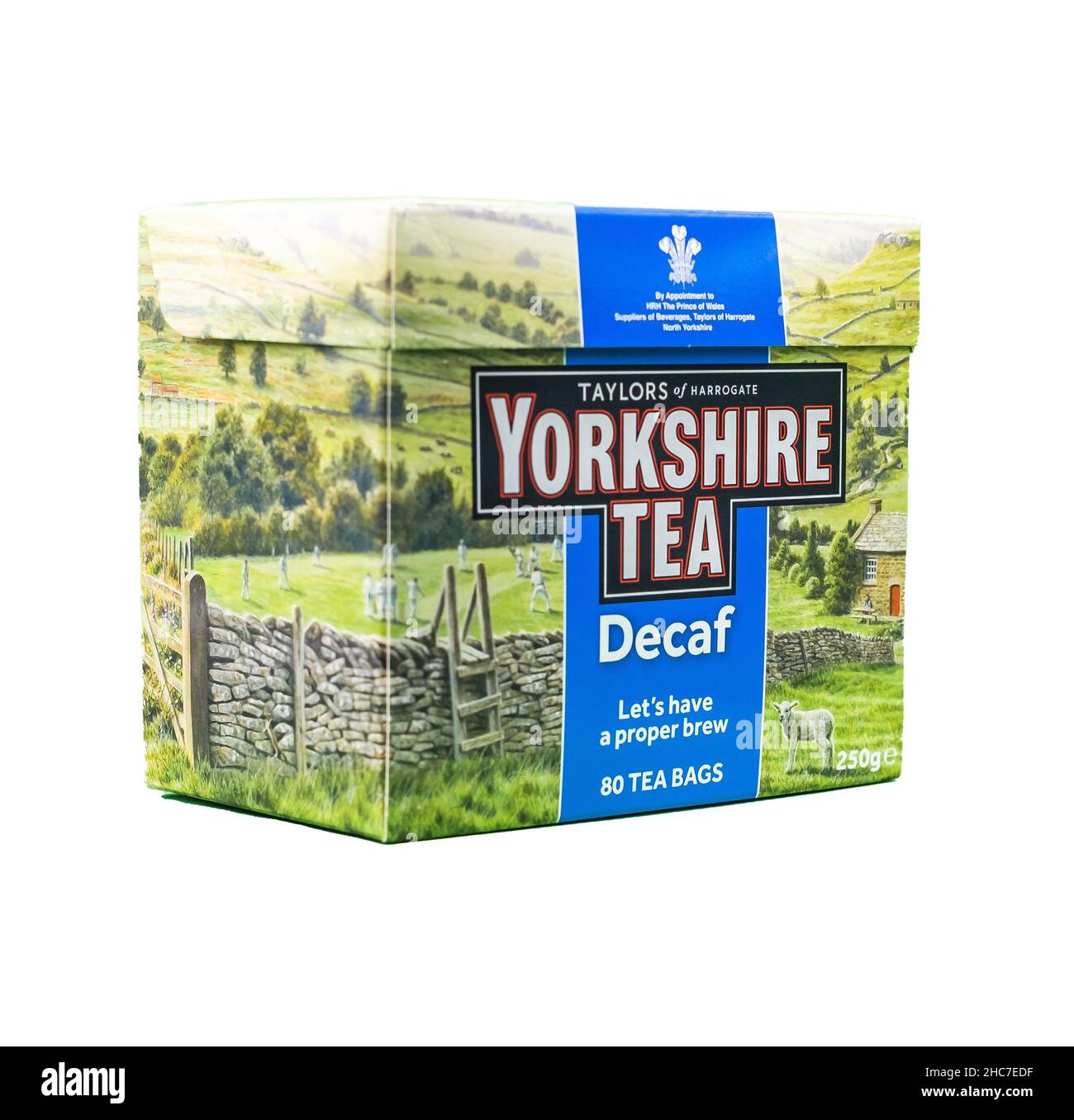 Norwich, Norfolk, UK – December 2021. A box of Yorkshire Tea decaffeinated tea bags cut isolated on a plain white background Stock Photo