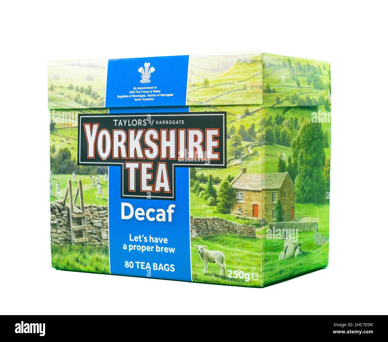 Norwich, Norfolk, UK – December 2021. A box of Yorkshire Tea decaffeinated tea bags cut isolated on a plain white background Stock Photo