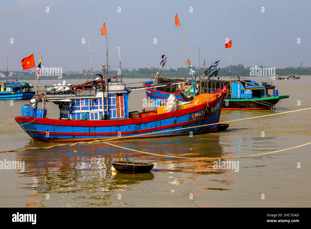 Blue trawler fishing boat at port in the morning at Day Hai Stock Photo ...