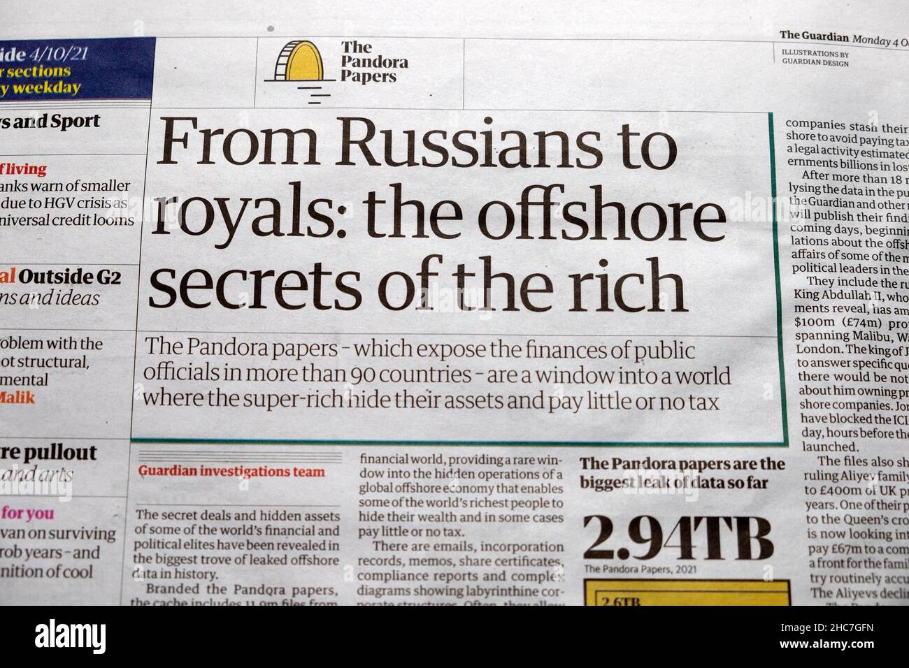 'From Russians to royals: the offshore secrets of the rich' Guardian newspaper headline clipping Pandora Papers 4 October 2021 London England UK Stock Photo