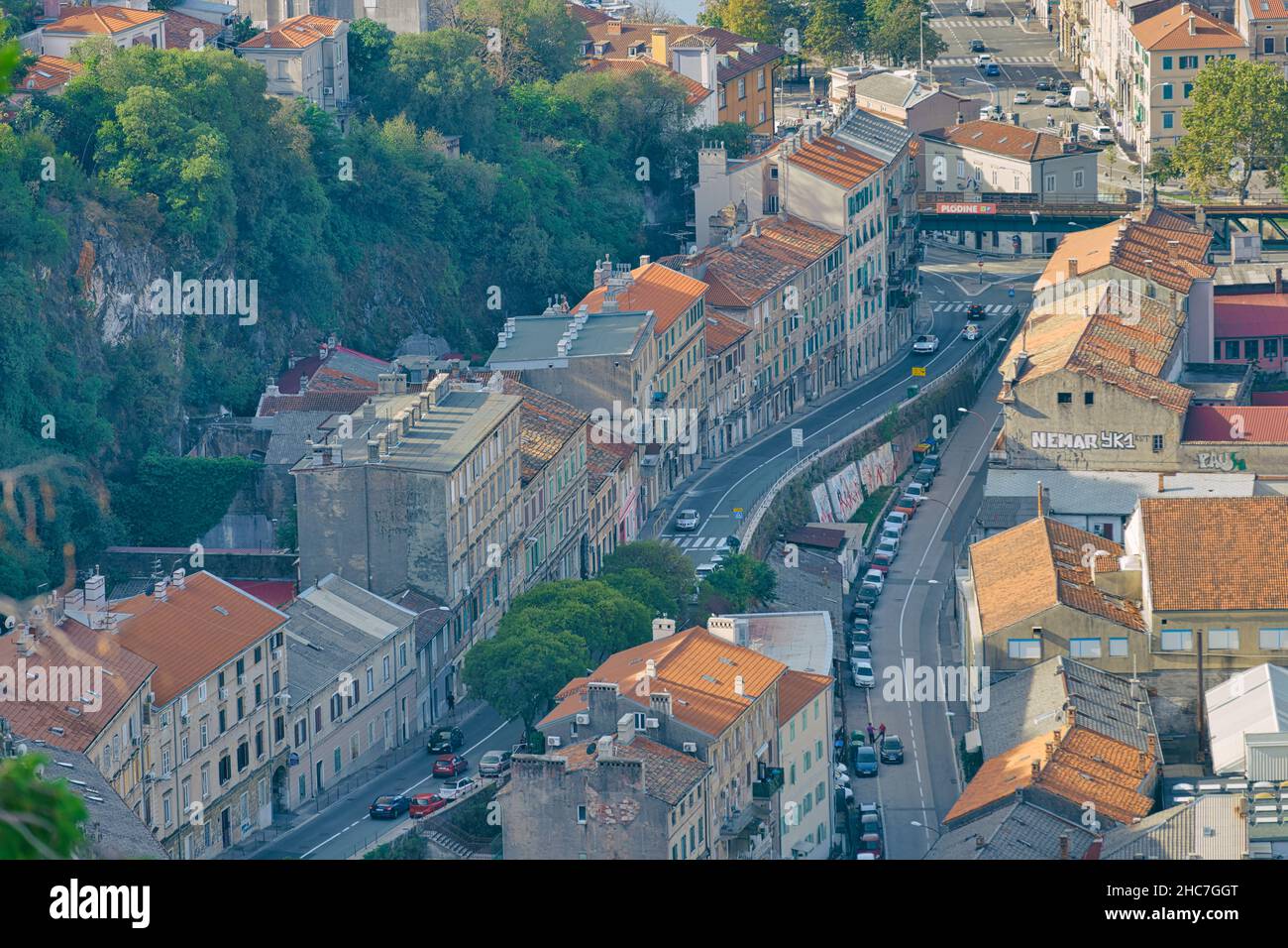 Rijeka old principal seaport aerial panoramic view Stock Photo