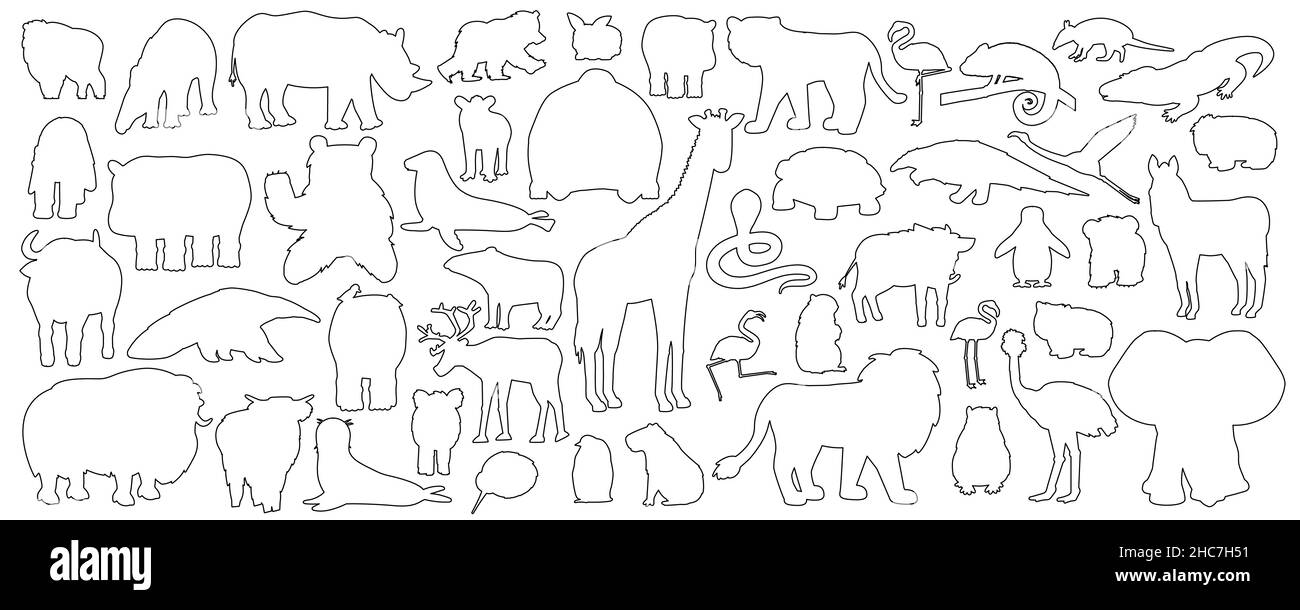 Big set of doodle cartoon isolated African American forest animals icons. Vector outline tiger lion rhinoceros buffalo zebra elephant giraffe crocodil Stock Vector