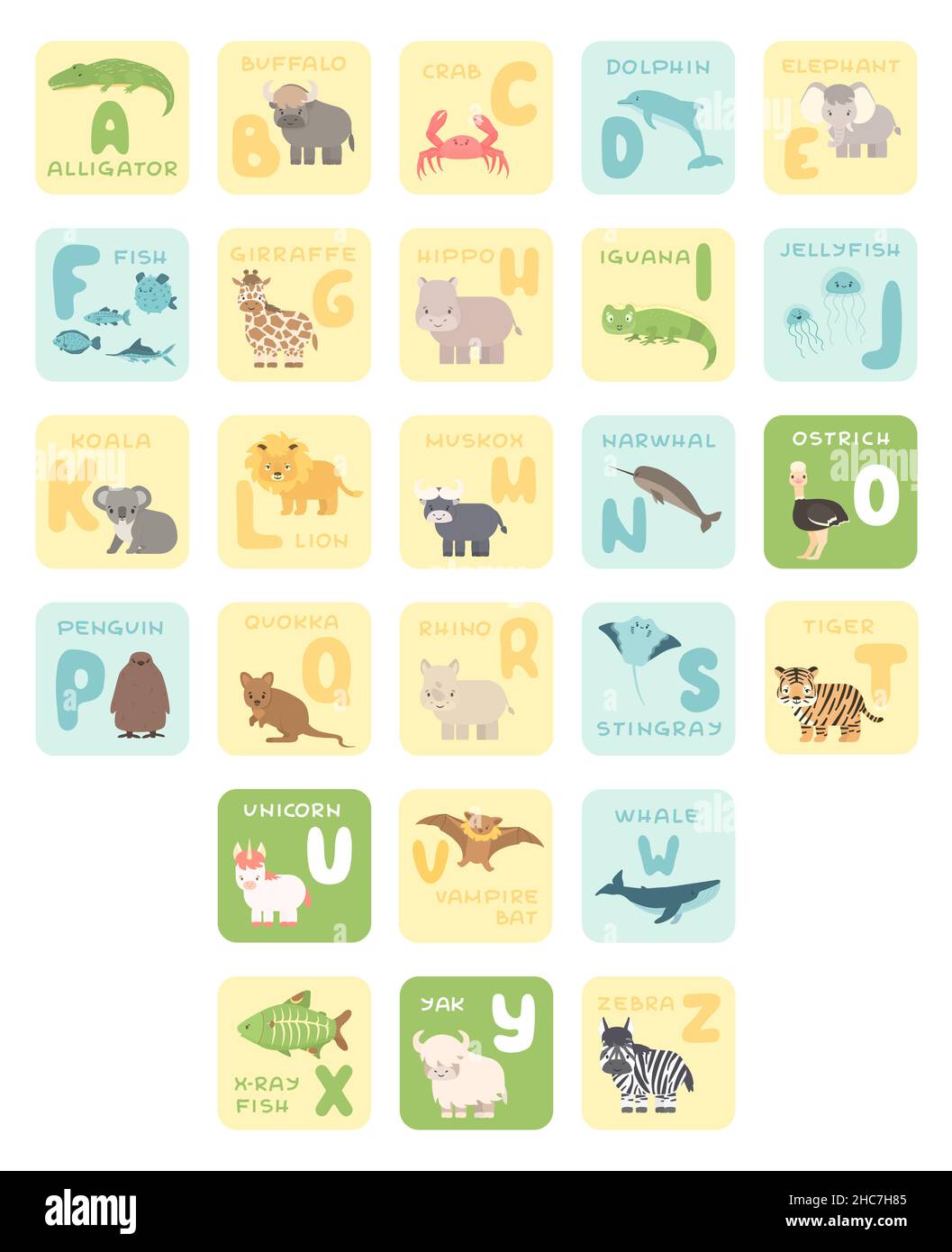Cute A-Z alphabet cards with cartoon animals. Vector zoo illustrations. Alligator, buffalo, crab, dolphin, fish, giraffe hippo, koala lion Muskox ostr Stock Vector