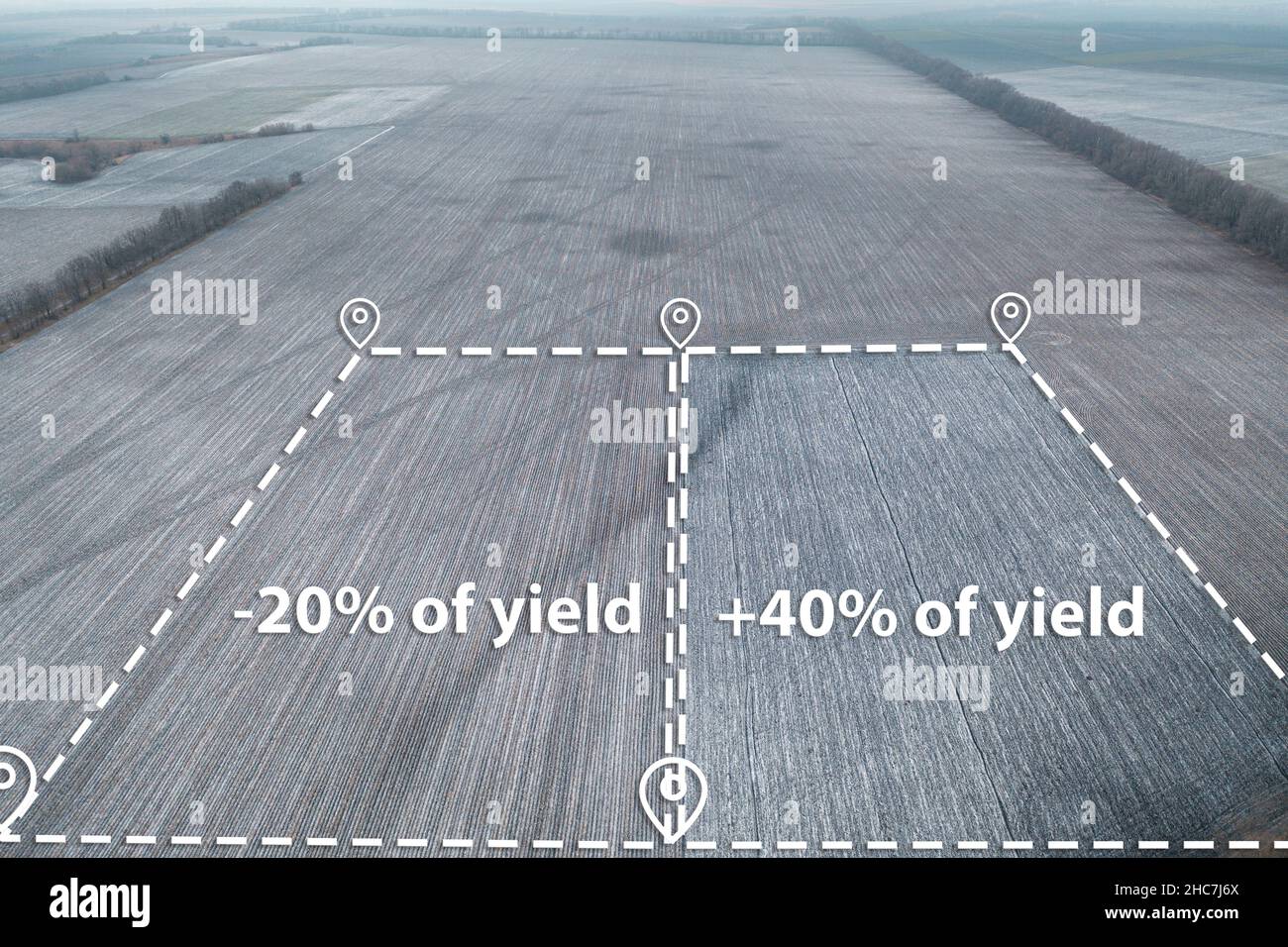 Comparing yields in two areas of the field Concept. Topographic map of agricultural land plots for Farming. Sale field land for agribusiness. Land Management for farming investment. Stock Photo