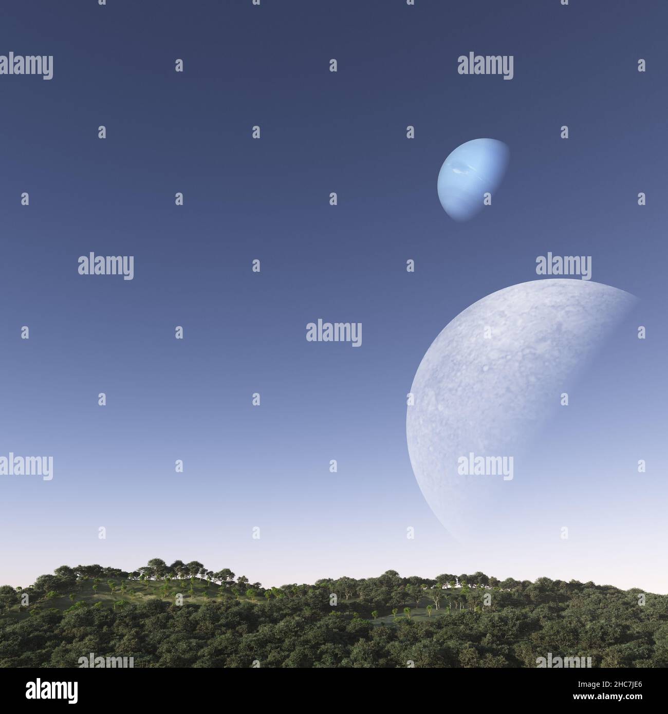 A 3D rendering of two planets in the clear blue sky with lush greenery on  the ground Stock Photo - Alamy