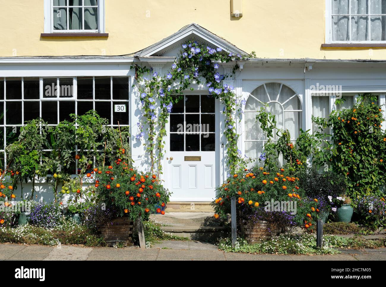 Beautiful yellow cottage and garden with flowers and vegetables Stock