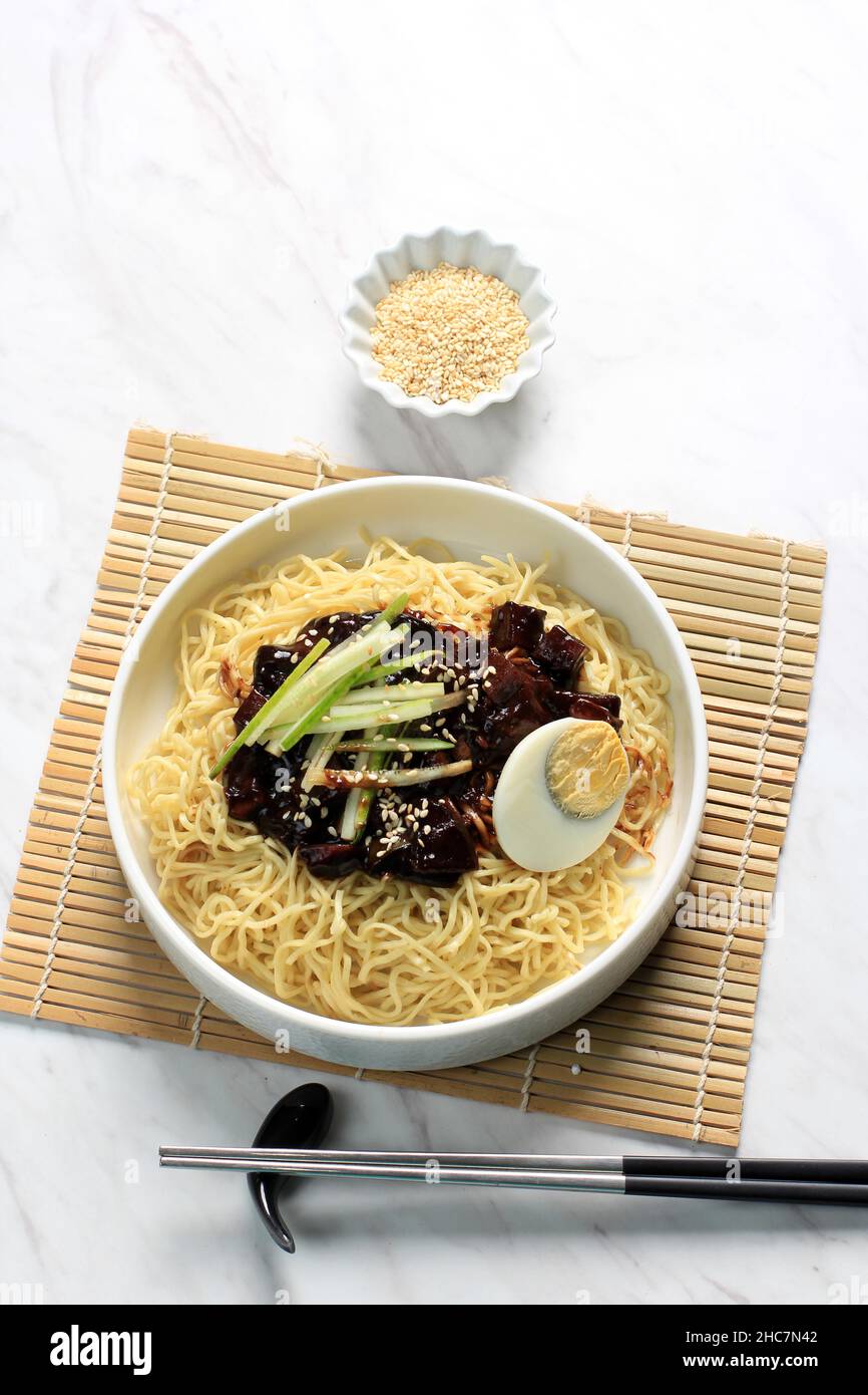 Jajangmyeon or JJajangmyeon  is Korean Noddle with Black Sauce Stock Photo