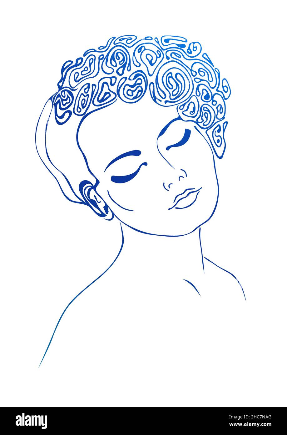 Portrait of a beautiful girl with closed eyes. Colorful line drawing on ...