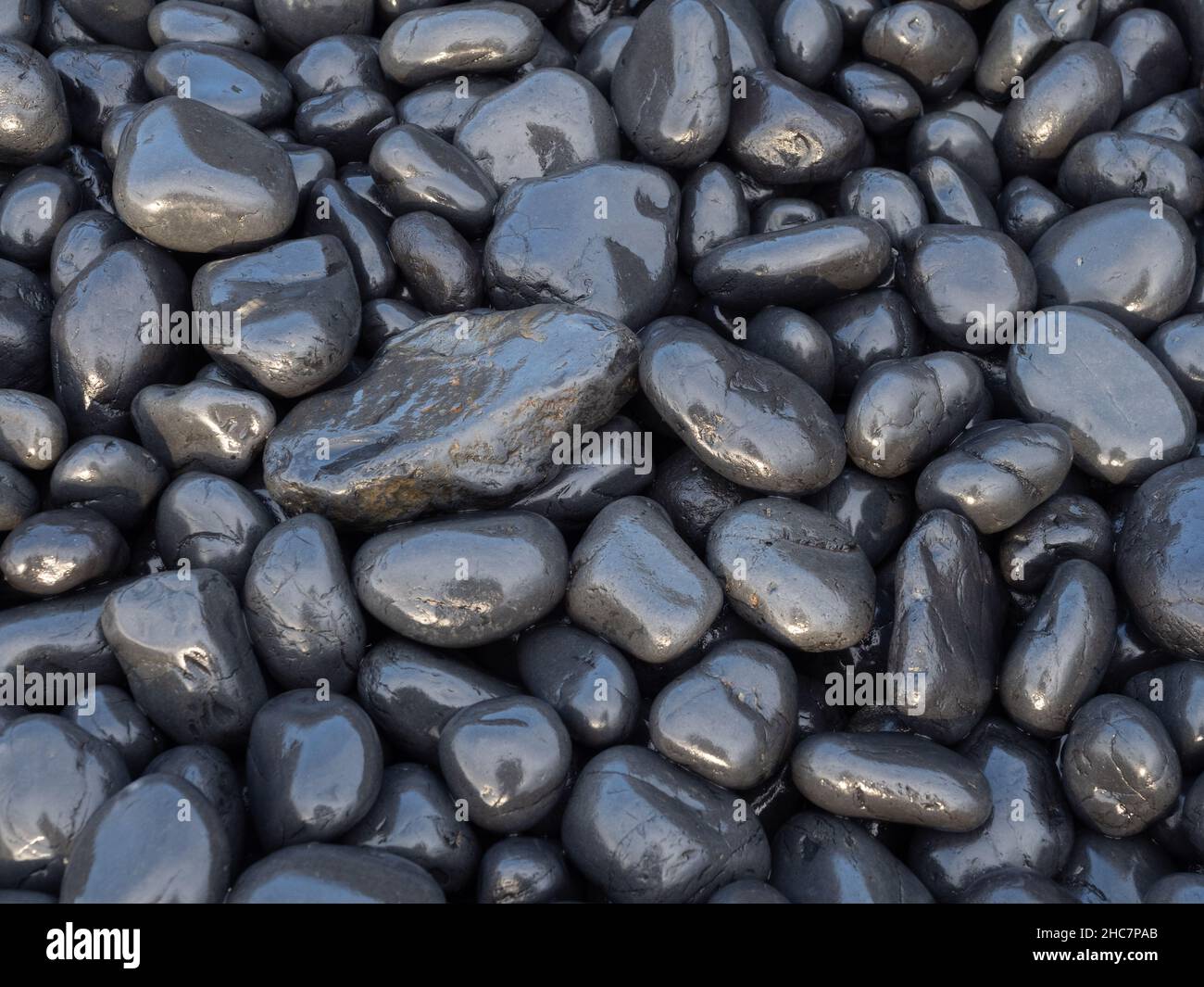 Smooth, wet, shiny black stones of Cobble Beach at Yaquina Head on the Oregon Coast. Stock Photo