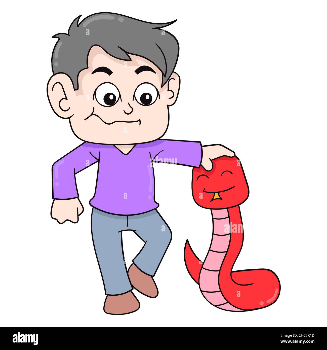 boy kid is playing with red python, vector illustration art. doodle ...