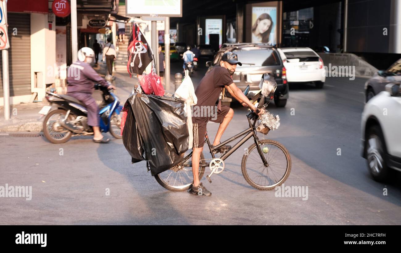 Poor Adult Man on Bicycle Collecting Plastic and Glass Trash on ...