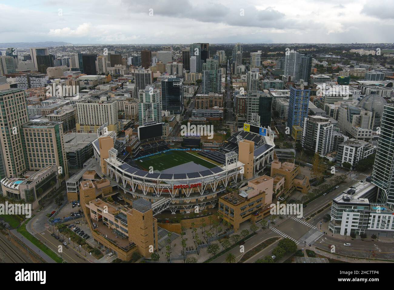 An aerial view of a football field at Petco Park prior to the Holiday Bowl between the UCLA Bruins and the NC State Wolfpack, Saturday, Dec. 25, 2021, Stock Photo