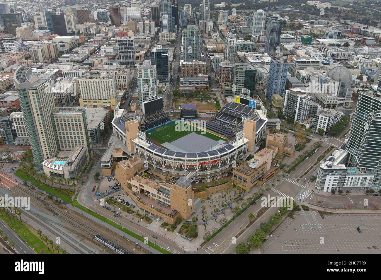 An aerial view of a football field at Petco Park prior to the Holiday Bowl between the UCLA Bruins and the NC State Wolfpack, Saturday, Dec. 25, 2021, Stock Photo