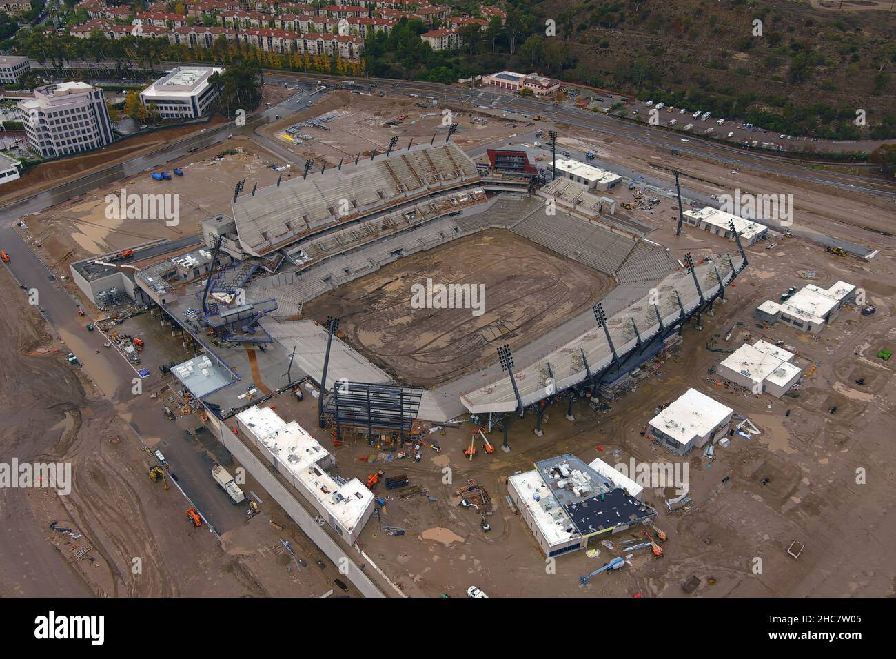 An aerial view of the Snapdragon Stadium construction site on the campus of San Diego State University at SDSU Mission Valley, Saturday, Dec. 25, 2021 Stock Photo