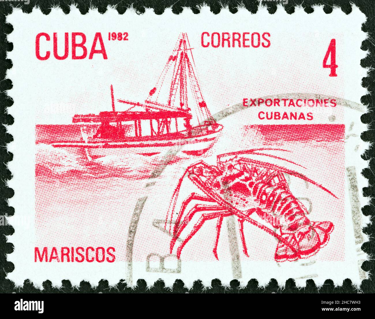 CUBA - CIRCA 1982: A stamp printed in Cuba from the 'Exports' issue shows lobster (seafood), circa 1982. Stock Photo