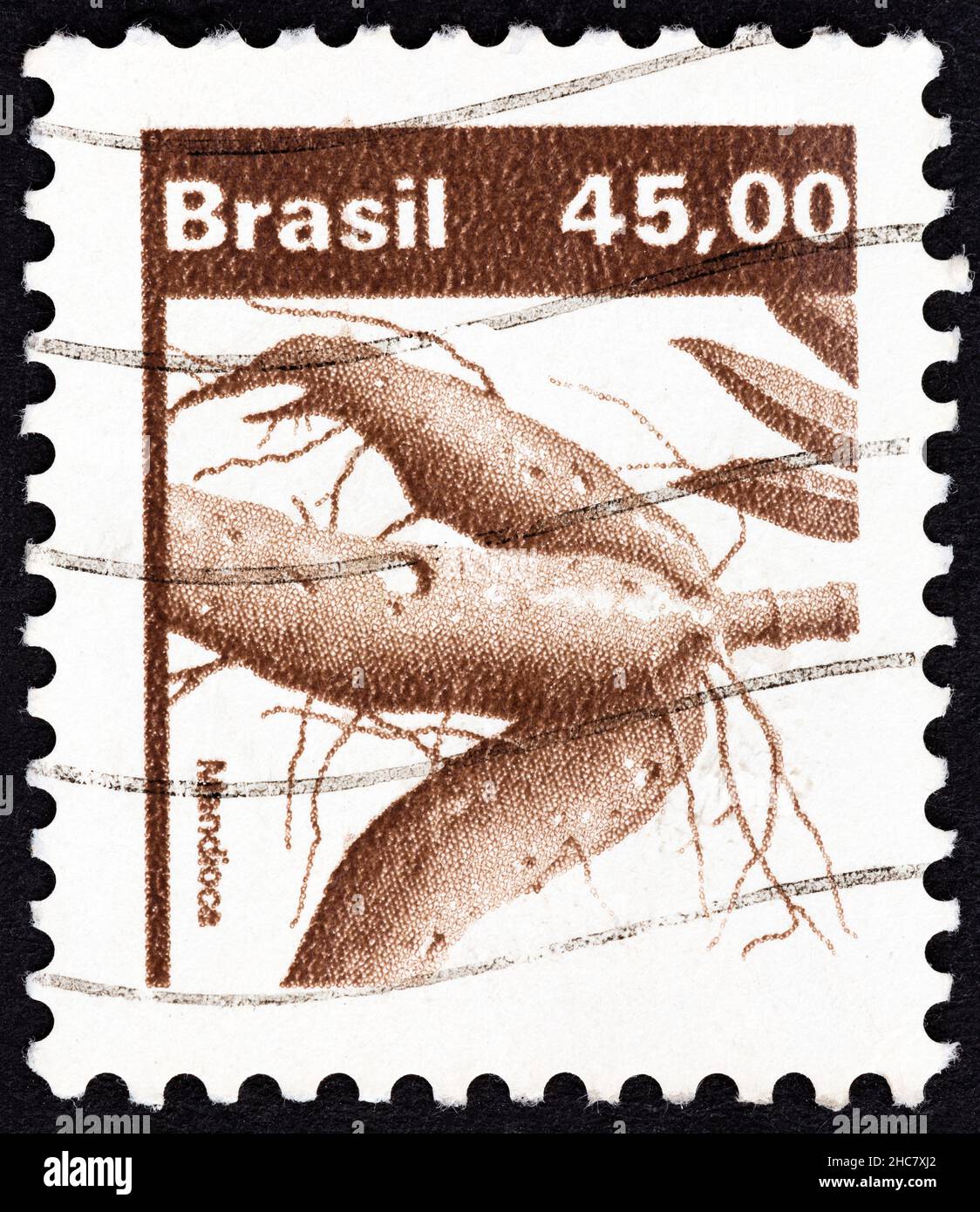 BRAZIL - CIRCA 1983: A stamp printed in Brazil from the 'Agricultural Products' issue shows Manioc (Manihot esculenta), circa 1983. Stock Photo