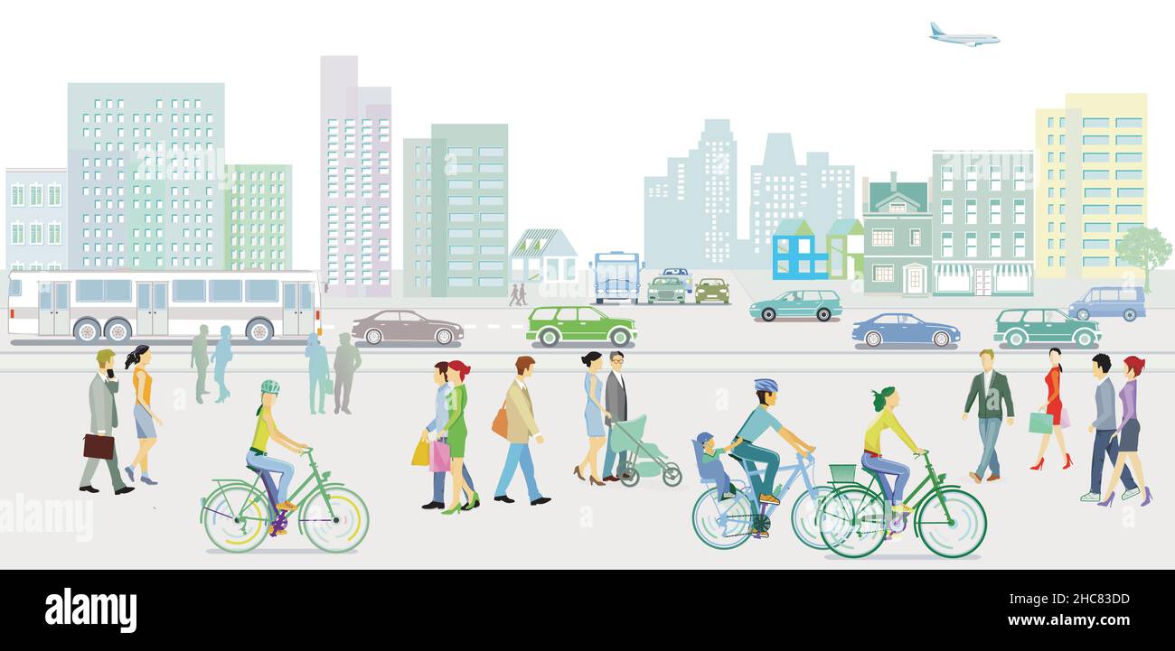 City silhouette with pedestrians and road traffic, illustration Stock ...