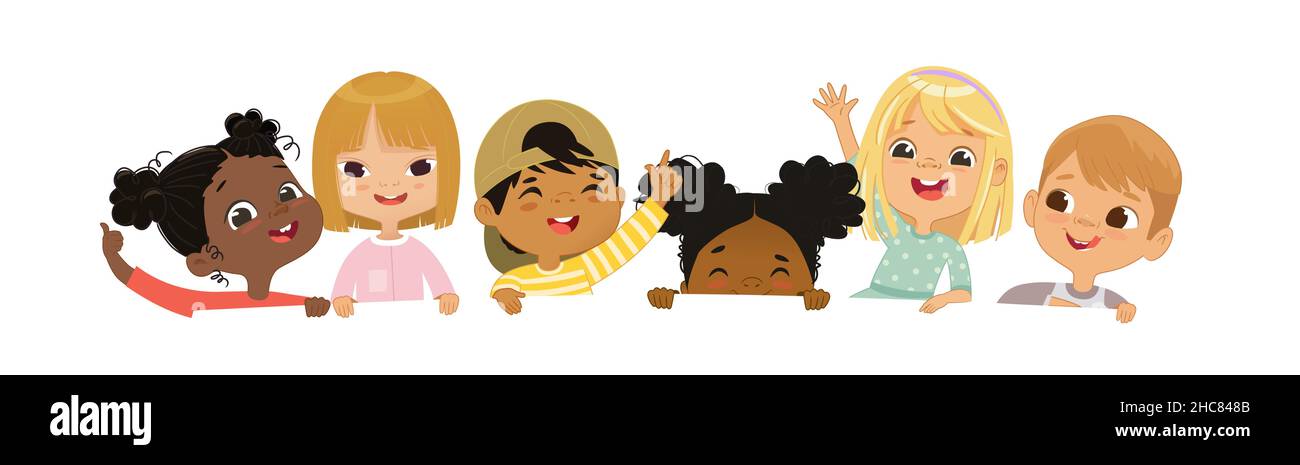 Happy multicultural children hold a blank poster. Template for advertising brochure. Cute little kids on a white background panorama template. Funny Stock Vector