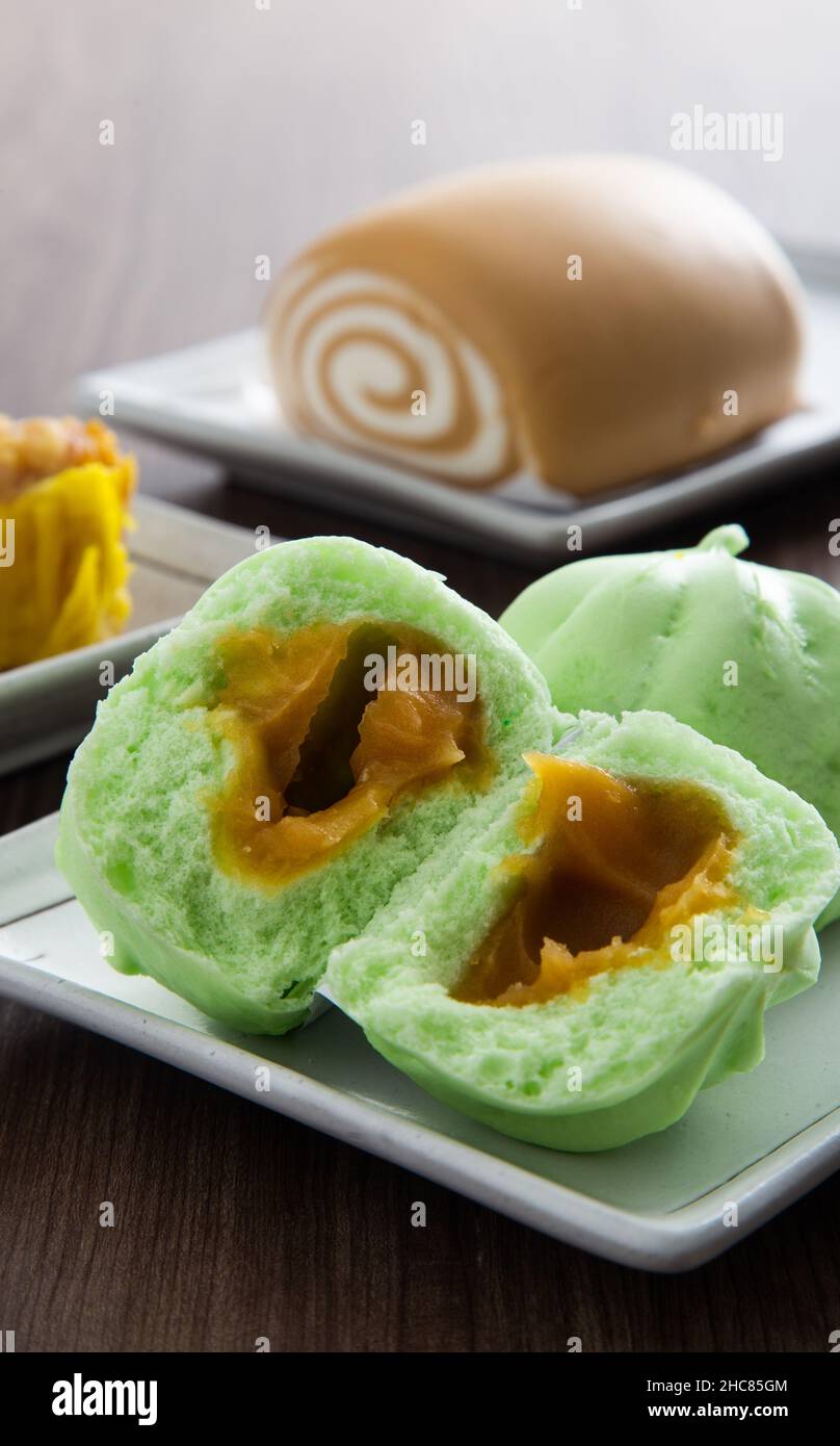 Steamed fresh sweet lotus paste bao, Chinese bun Stock Photo Alamy
