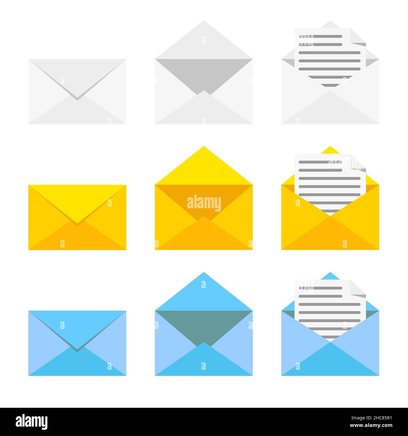 Set of icons with a picture of a closed letter. Paper document enclosed in an envelope. Delivery of correspondence or office documents. Vector illustr Stock Vector