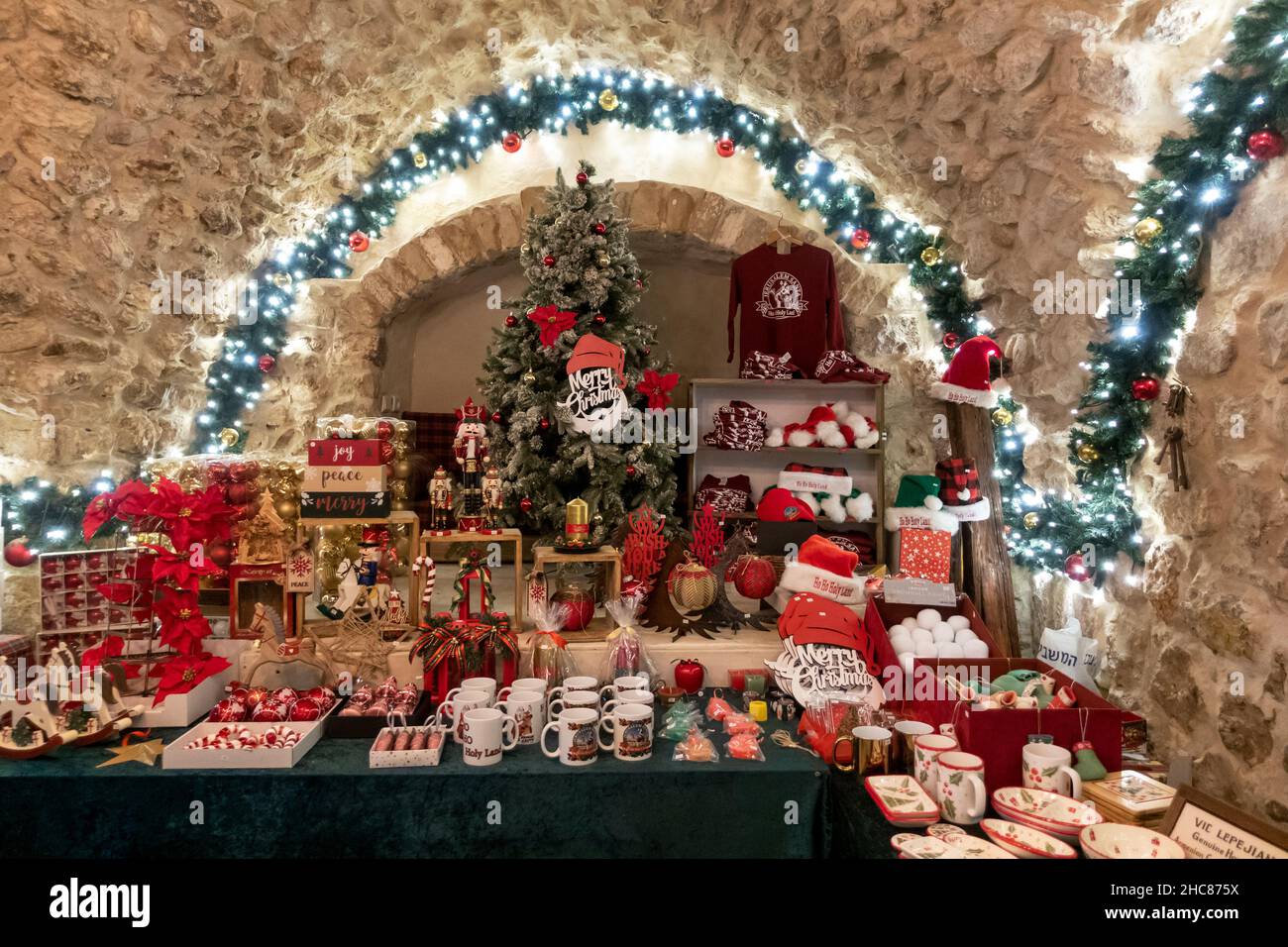 Christmas souvenirs for sale at the house of Issa Kassissieh an Arab Orthodox Christian and Israel’s only certified Santa Claus in the Christian Quarter old city of Jerusalem Israel Stock Photo